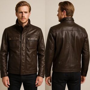 GUESS Brown Leather Moto Field Jacket XL – Genuine Leather – Rare 11PLA1001